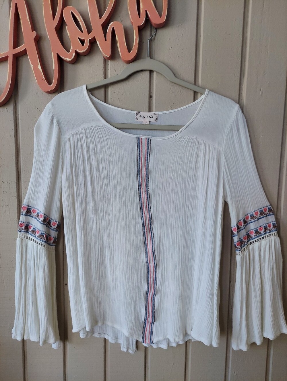 Boho White Embroidered Peasant Top with Bell Sleeves